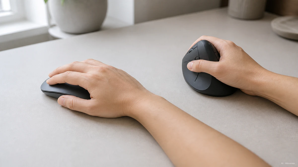 Image: side-by-side desk photo comparing a flat standard mouse under a fully pronated hand and a vertical ergonomic mouse under a hand held at a handshake angle — AI illustration