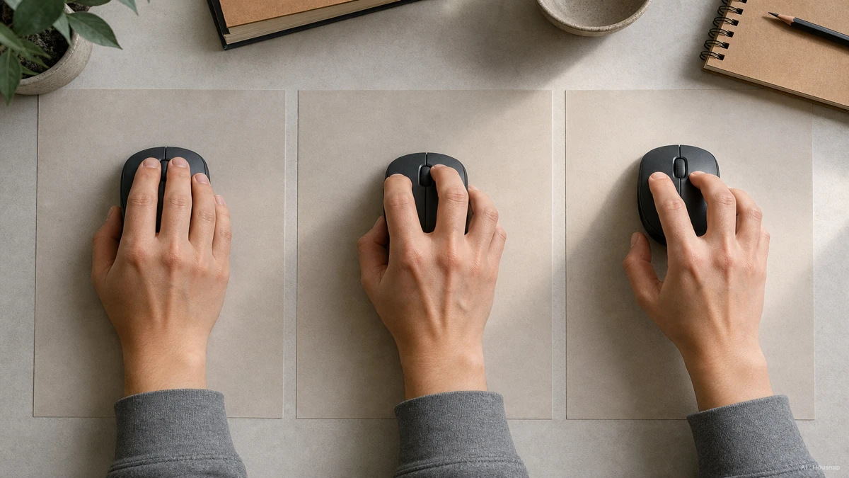 Image: three overhead hand illustrations on a desk showing palm grip flat and relaxed, claw grip with arched fingertips, and fingertip grip with the palm lifted away from the mouse — AI illustration