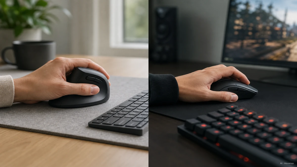 Image: split scene of two desks side by side, one showing an office worker's hand resting comfortably on a tall vertical mouse during a long typing session, the other showing a gamer's hand gripping a low-profile standard mouse mid-game — AI illustration