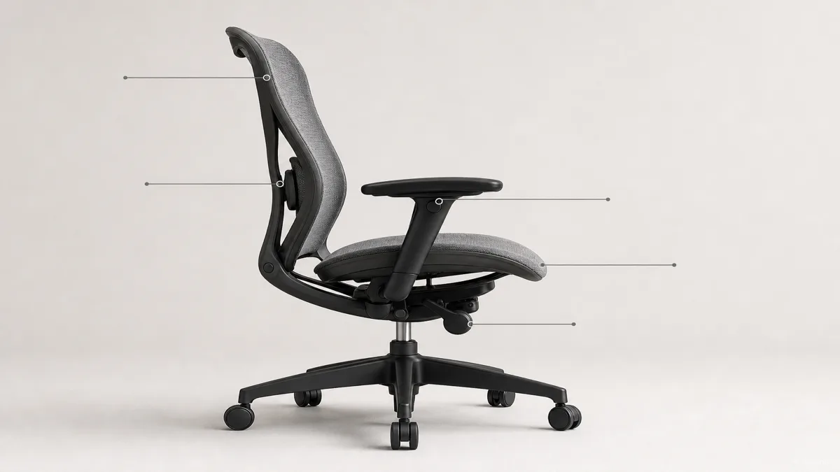 Image: a single ergonomic task chair photographed from the side with five subtle callout markers pointing to seat height, seat depth, lumbar, backrest, and armrest, clean studio lighting — KI-Illustration