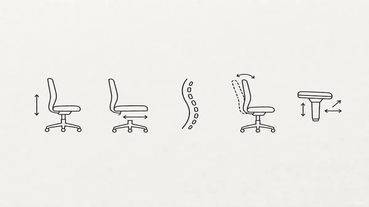 Image: flat infographic showing five adjustment icons in a row, height arrow, sliding seat, lumbar curve, tilting backrest, and 4D armrest, simple line style — KI-Illustration