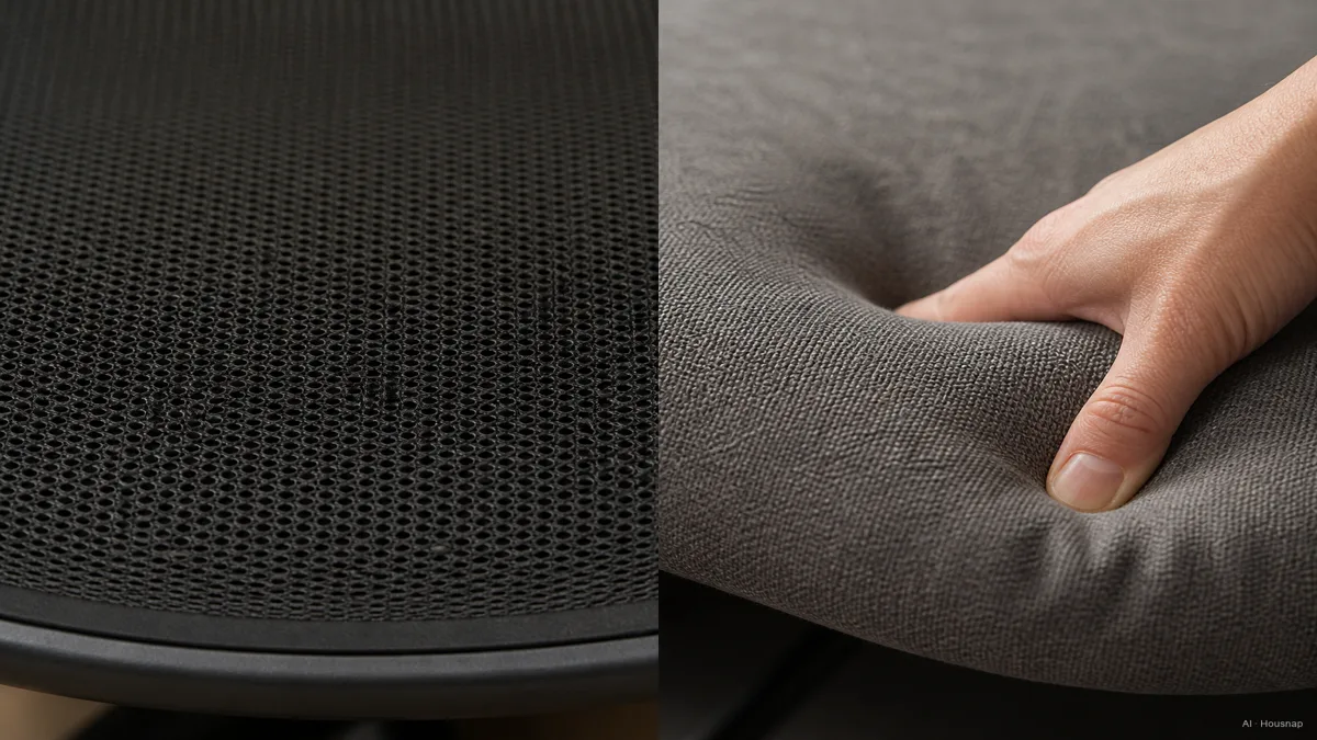 Image: split-frame close-up, left side a taut mesh seat panel with visible weave, right side a fabric-wrapped foam seat being pressed by a hand showing give, natural light — KI-Illustration