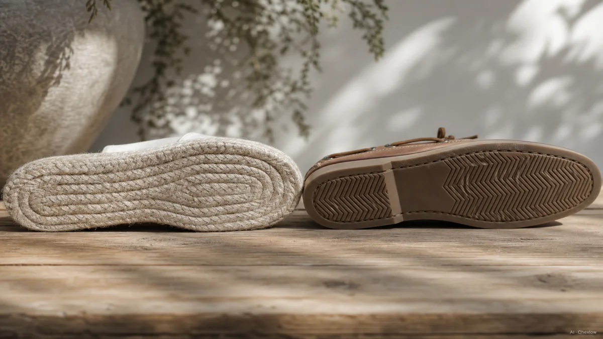 Image: Side-by-side close-up of a white jute rope sole and a herringbone-siped rubber boat shoe sole on a sunlit wood table