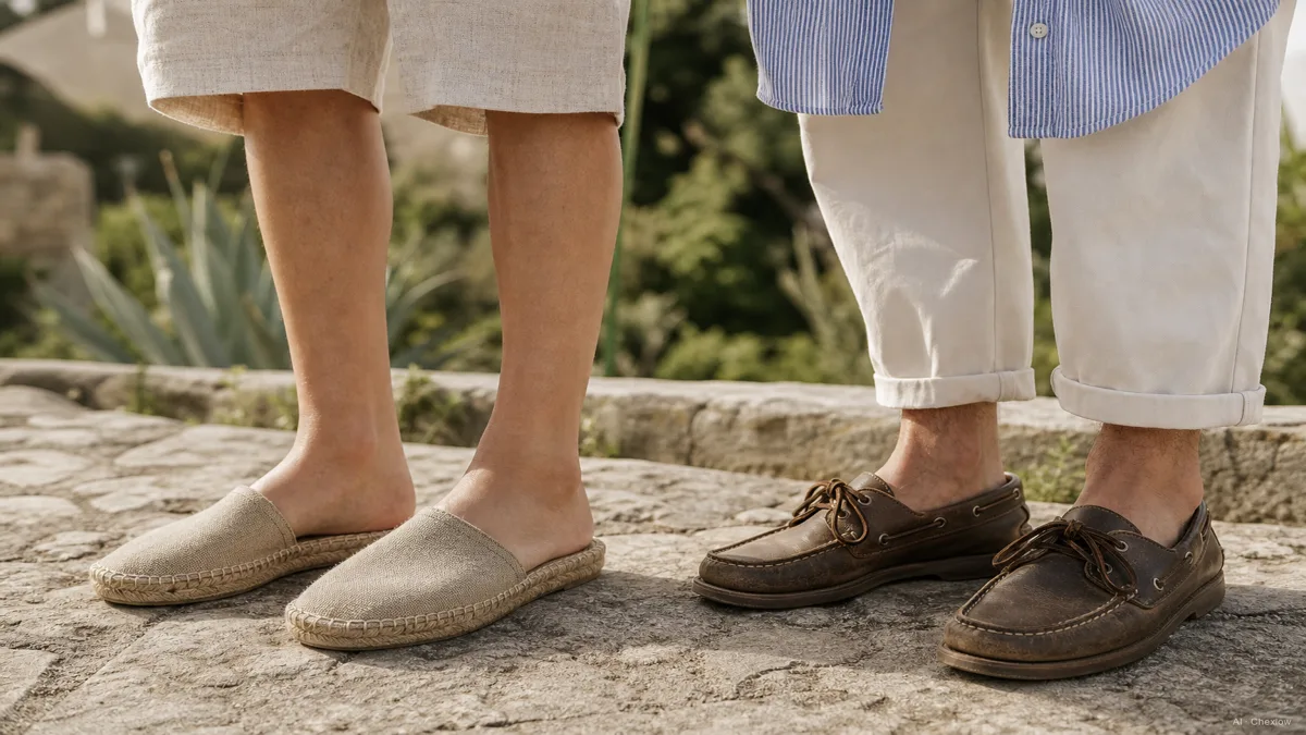Image: Espadrilles worn barefoot with linen shorts next to worn-in brown boat shoes styled with a button-down shirt, outdoor summer setting