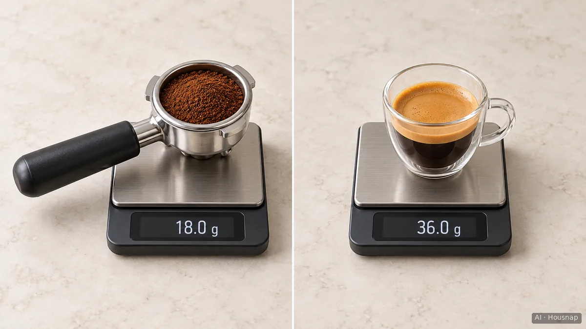 Two-panel illustration showing coffee grounds in a portafilter on a scale reading 18.0 g and espresso in a cup on a scale reading 36.0 g — Ilustración IA
