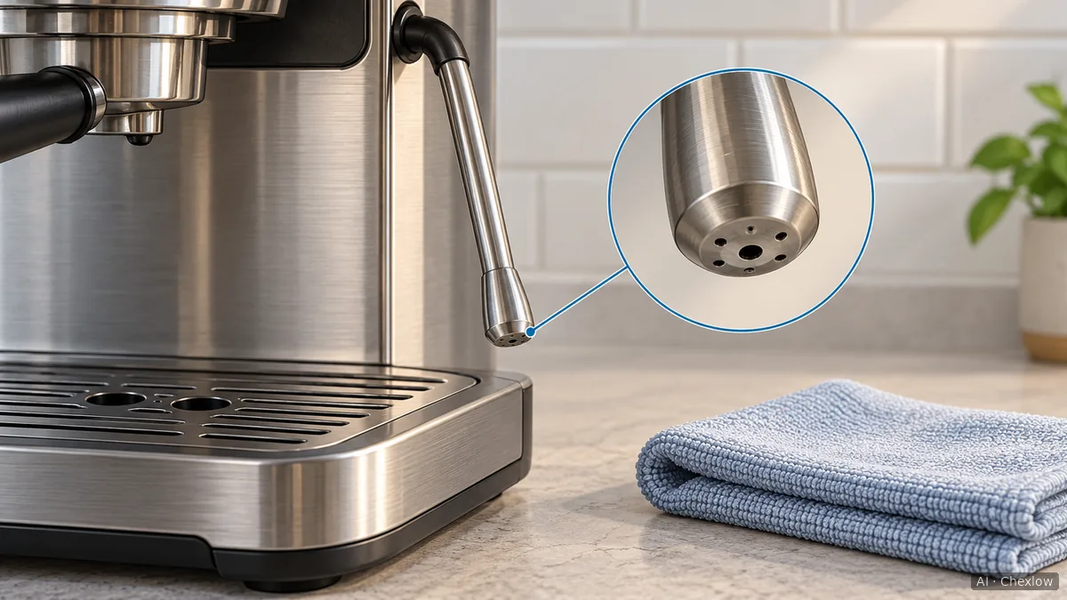 Illustration of an attached steam wand above a drip tray, a folded damp cloth beside it, and an enlarged view of the nozzle holes