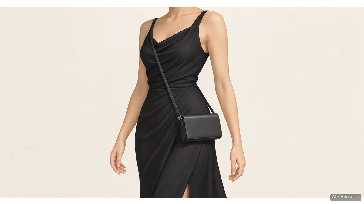 A person in a plain evening dress wearing a small rectangular clutch diagonally across the torso, with both hands clear of the bag, shown from shoulders to mid-thigh — AI illustration