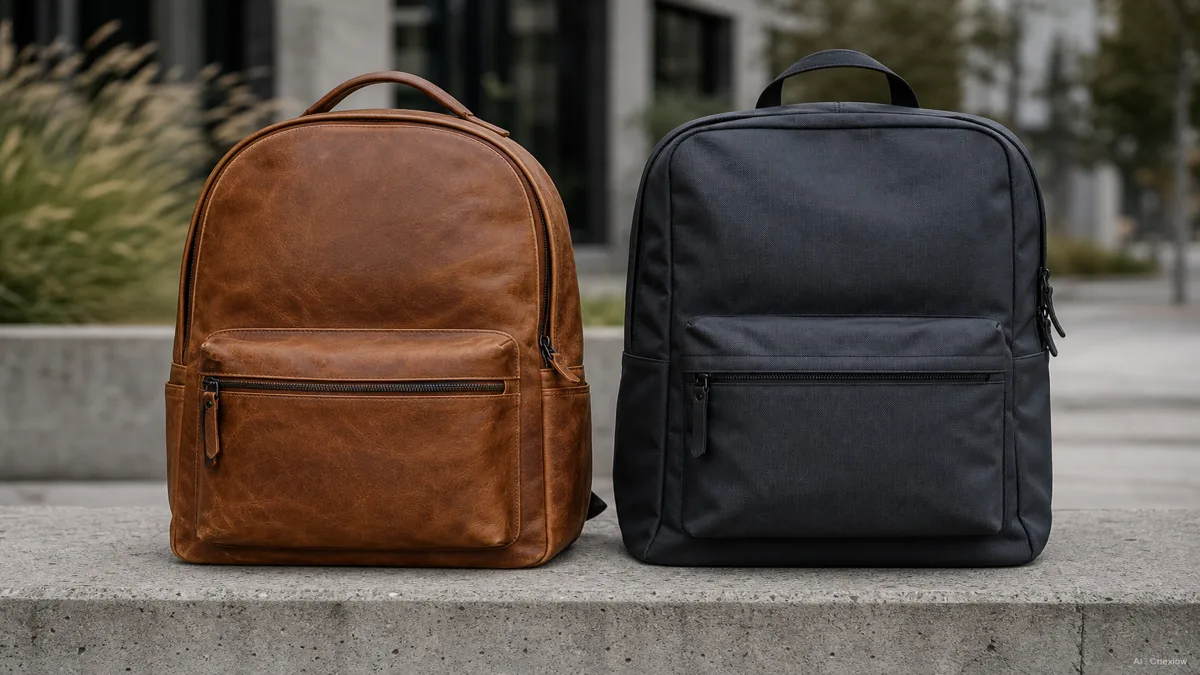A full-grain leather backpack and a coated nylon backpack standing side by side on a concrete bench, no visible brand marks, soft daylight (AI generated illustration)