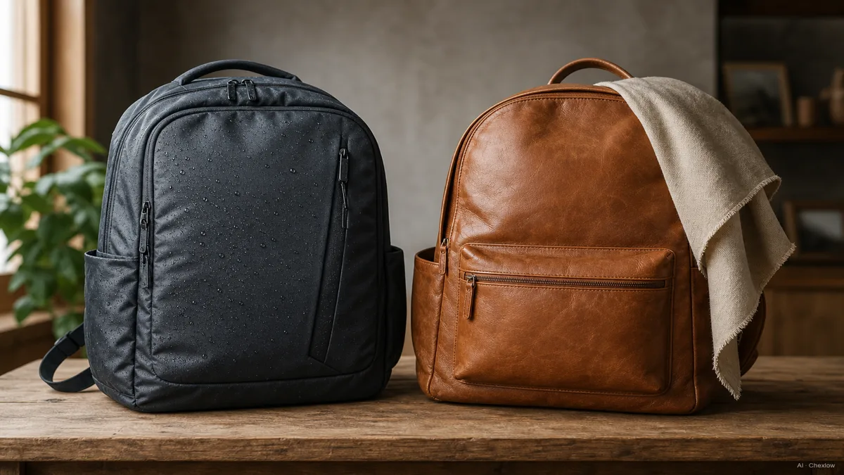 A nylon backpack beaded with rain next to a leather backpack being wiped dry with a soft cloth, on a wooden table, no brand logos (AI generated illustration)