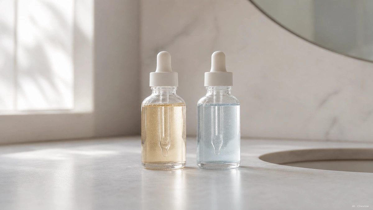 Image: Two unlabeled clear glass dropper bottles of exfoliating serum standing on a plain bathroom counter, one with a slightly golden tint suggesting AHA and one with a faint clear-blue tint suggesting BHA, soft diffused morning light, no brand marks or logos