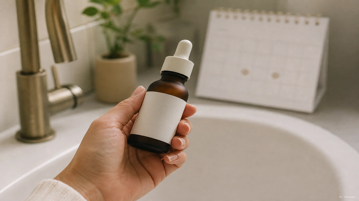 Image: A close-up of a hand holding a dropper bottle of exfoliating acid serum above a bathroom sink, a small calendar or weekly planner faintly visible in the background suggesting a twice-a-week routine, warm natural light, no brand text visible