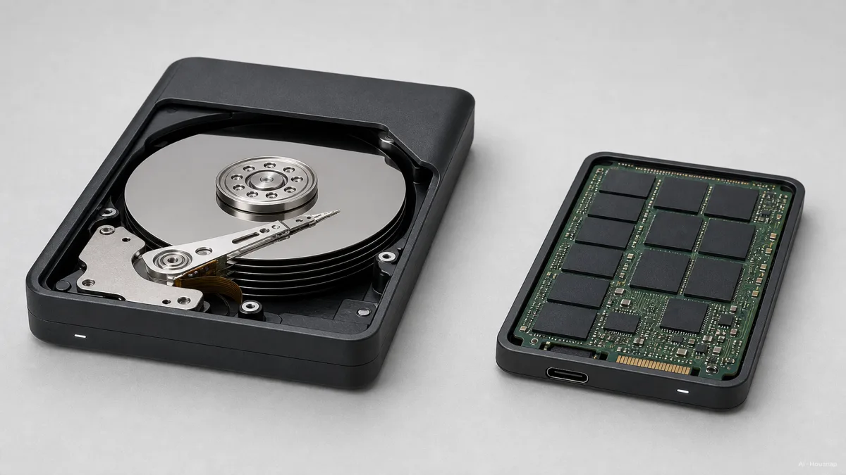 Image: clean technical cutaway contrasting an external HDD with stacked spinning platters and a read-write arm against an external SSD shown as a flat board of flash memory chips, each clearly labeled, product-education style — Illustration IA