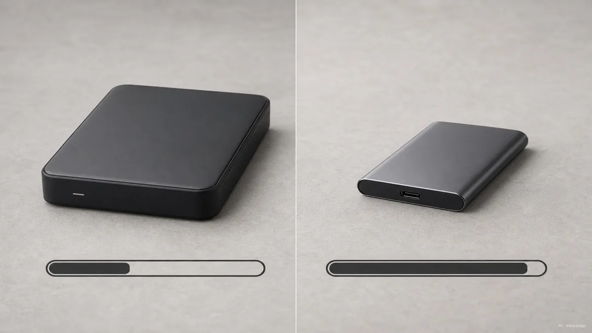 Image: split-screen progress-bar infographic of the same large photo folder transferring, one bar labeled external HDD crawling, one labeled external SSD finishing fast, clean flat style — Illustration IA