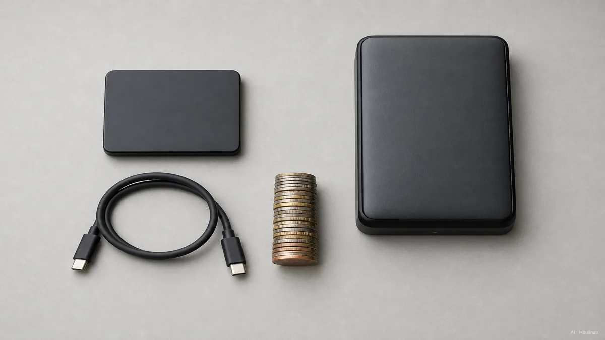 Image: overhead scene on a desk contrasting a tiny credit-card-sized external SSD beside a larger heavier external HDD, with a stack of coins suggesting cost per terabyte, clean editorial product style — Illustration IA