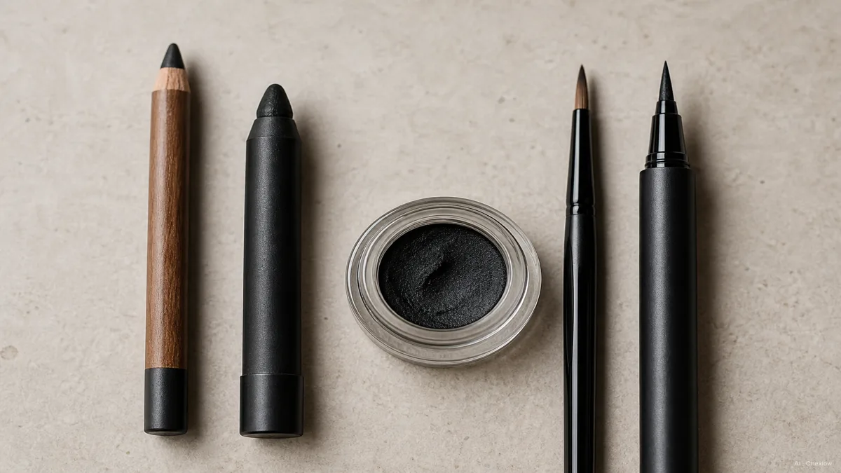 Image: Close-up flat lay of four eyeliner formats side by side, a wooden pencil, a kohl crayon, a small pot of gel with a brush, and a liquid liner pen, on a clean neutral surface, soft even lighting, no visible brand marks