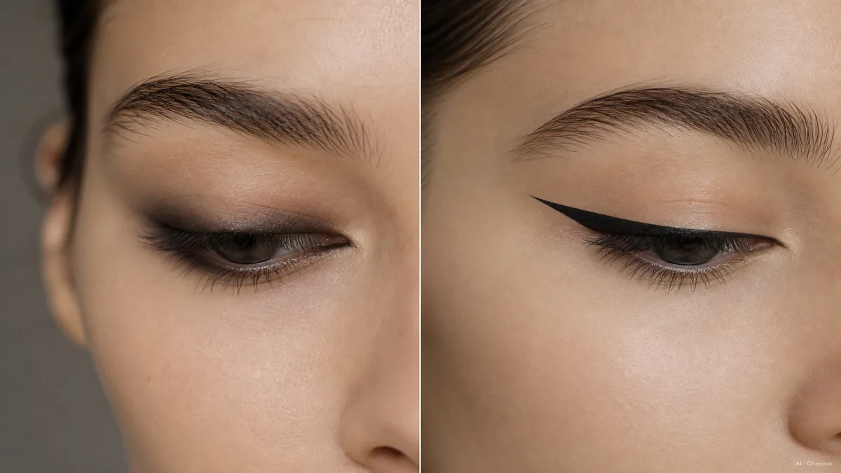 Image: Split-scene beauty editorial illustration, one half showing a soft smudged smoky eyeliner look and the other half a sharp graphic winged eyeliner look, same neutral model silhouette, clean studio lighting, no readable text or logos