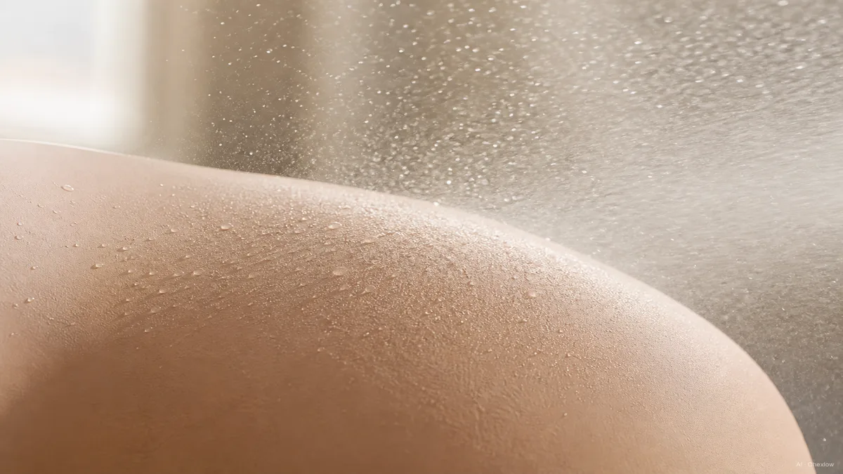 Image: A soft-focus close-up of a fine mist spraying toward a bare face at arm's length, morning light, no visible brand marks