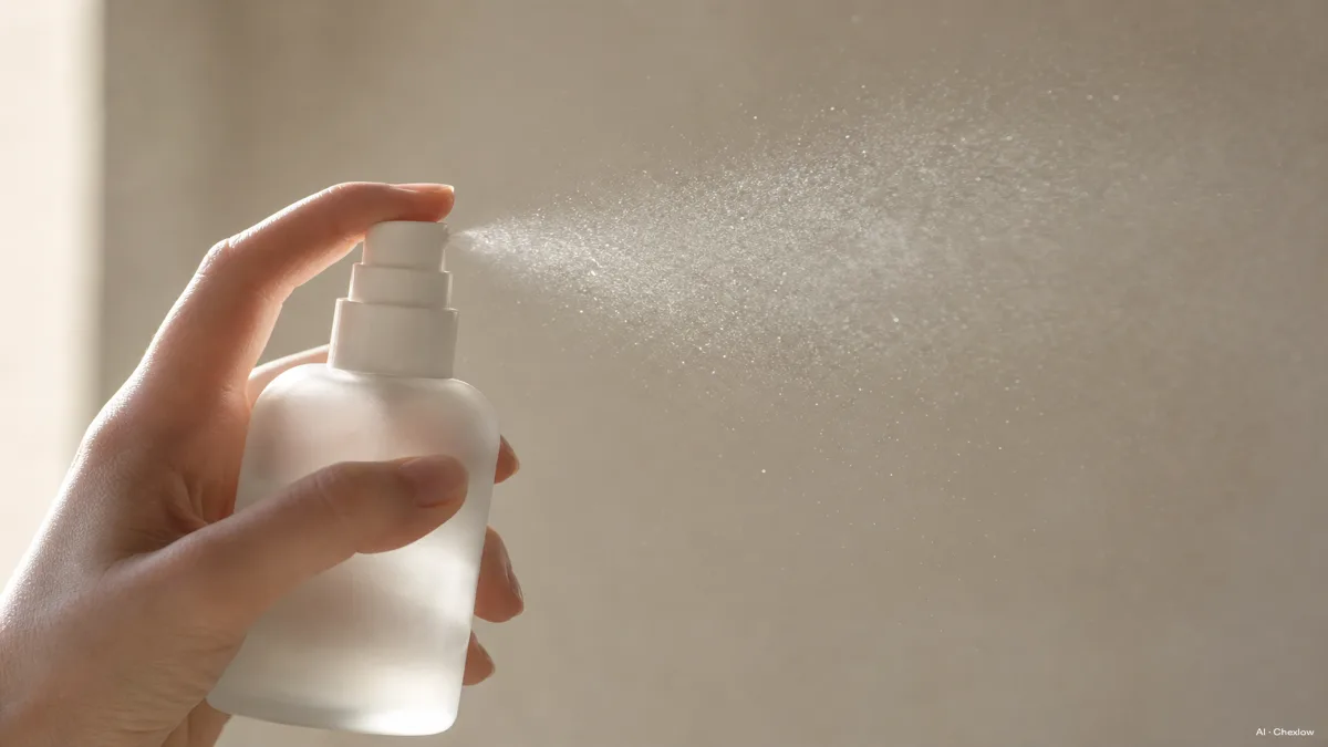 Image: A hand holding a mist bottle at a slight distance from a face, spray droplets suspended mid-air, clean neutral background, no visible brand marks