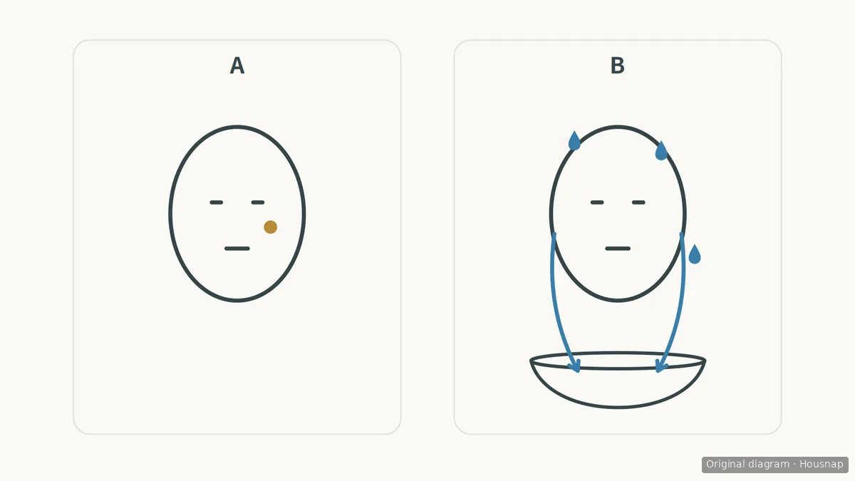 Diagram A shows a face with a gold dot on the cheek; B shows a face with blue water drops flowing toward a basin.
