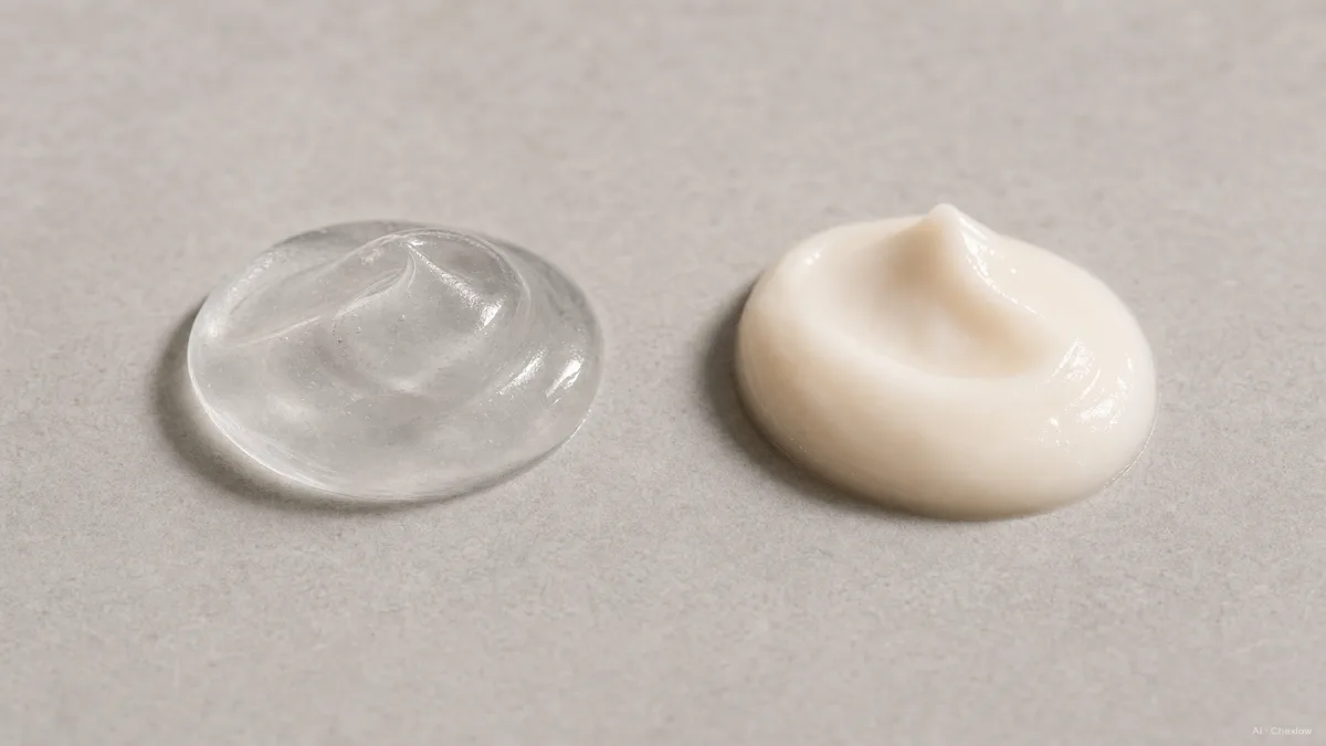 Image: A close-up split composition on a neutral surface, a small clear dollop of a gel-like silicone mattifying primer on the left and a small dollop of a creamier, dewier hydrating primer on the right, both unlabeled, soft studio light showing the texture difference between matte and glowing finishes, no logos or brand marks