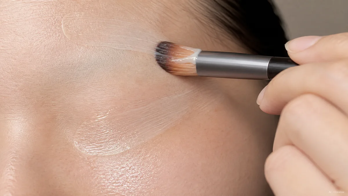 Image: A single hand applying primer with a small brush across two distinct zones on a close-up cheek and forehead area, a slightly matte texture visible across the forehead and nose and a dewier sheen across the cheek, soft indoor light, no brand marks or logos