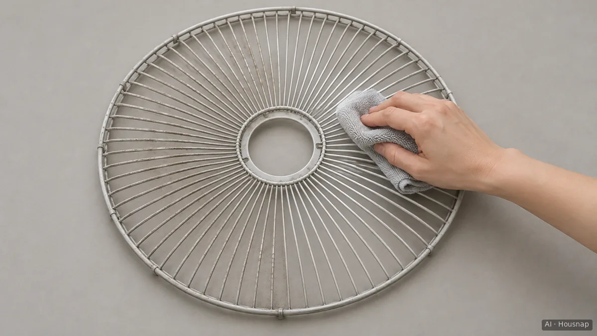 A hand wiping a detached round fan grille with a soft cloth on a plain surface. — AI illustration