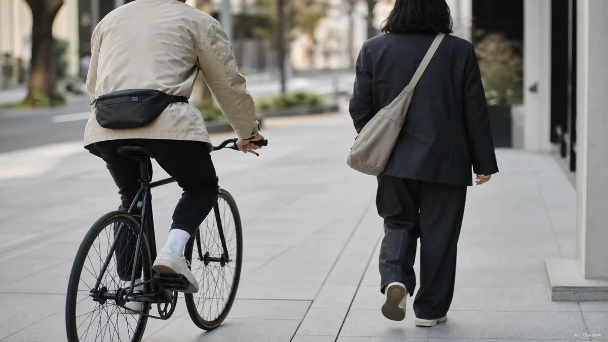 Image: 自転車に乗る人が腰にウエストポーチを着けている様子の隣で、斜めがけのショルダーバッグを持つ人が通勤路の歩道を歩いている場面、日中、AIイラスト