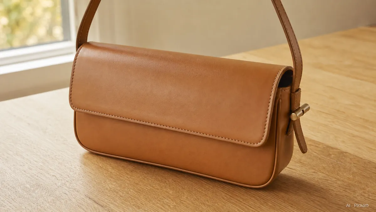 Primo piano di una piccola clutch orizzontale in pelle in stile Fendi con sottile tracolla superiore e chiusura laterale a levetta, su una scrivania in rovere opaco in luce naturale (illustrazione generata con IA)