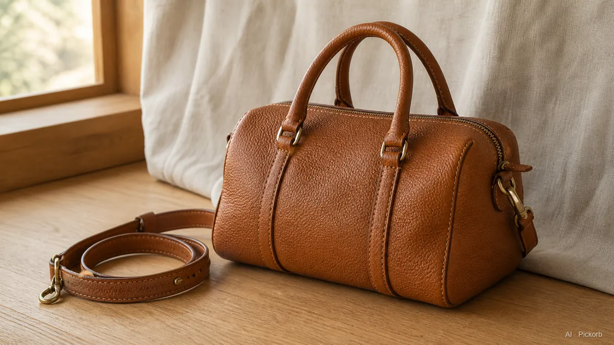 Primo piano di un morbido mini duffel in pelle dalla forma Boston in stile Fendi, con due manici superiori, tracolla separata, grana martellata e dettagli cuciti a mano su una scrivania in rovere opaco in luce naturale (illustrazione generata con IA)
