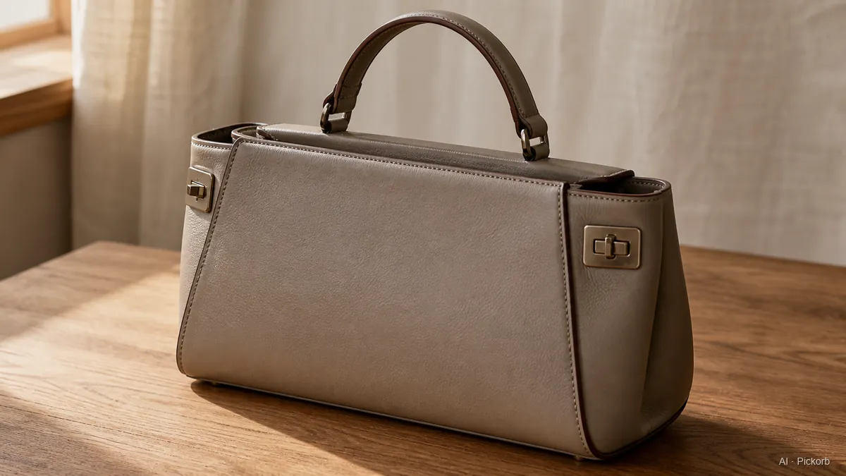 Primo piano di una satchel orizzontale strutturata in pelle in stile Fendi con manico superiore, chiusure laterali a rotazione e pannelli puliti, su una scrivania in rovere opaco in luce naturale (illustrazione generata con IA)