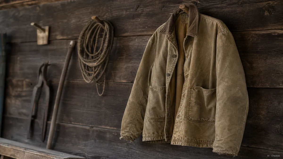 Image: A worn cotton canvas chore coat with large patch pockets hanging next to a coil of rope and work tools, evoking its early workwear origin