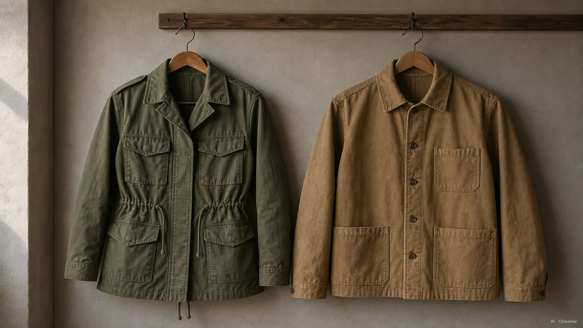 Image: A structured field jacket with a waist drawstring and cargo pockets next to a boxy unlined chore coat with patch pockets, shown side by side on hangers to compare silhouette