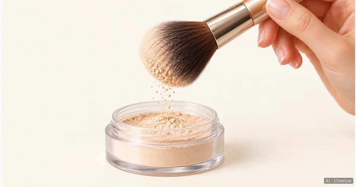 Illustration of a fluffy powder brush above an open powder jar, with a few grains falling into the jar.