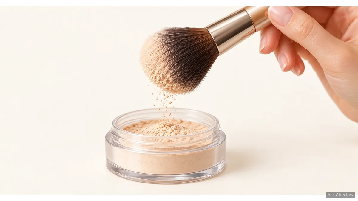 Illustration of a fluffy powder brush above an open powder jar, with a few grains falling into the jar.
