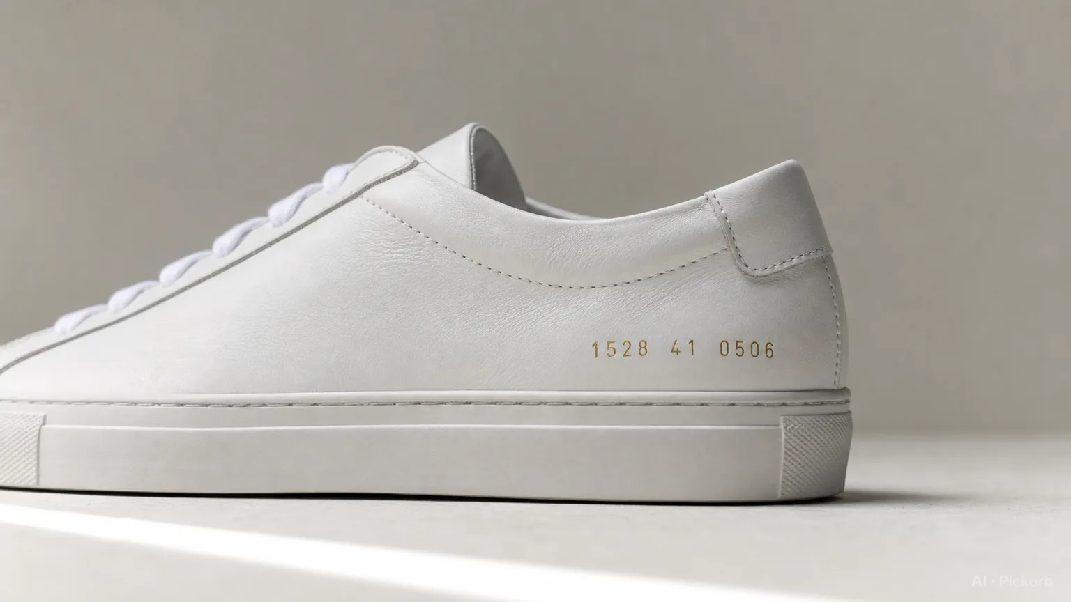 Common Projects Achilles white leather sneaker on a clean surface, minimal sole edge with gold serial number detail, soft natural light (AI generated illustration)