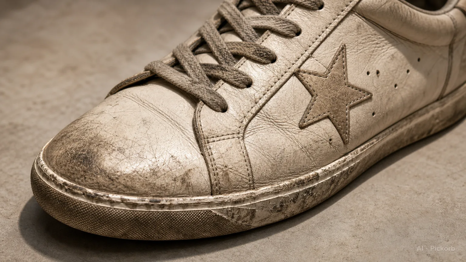 Golden Goose GGDB Superstar sneaker with star logo on ankle, worn leather texture and distressed sole edge on a neutral background (AI generated illustration)