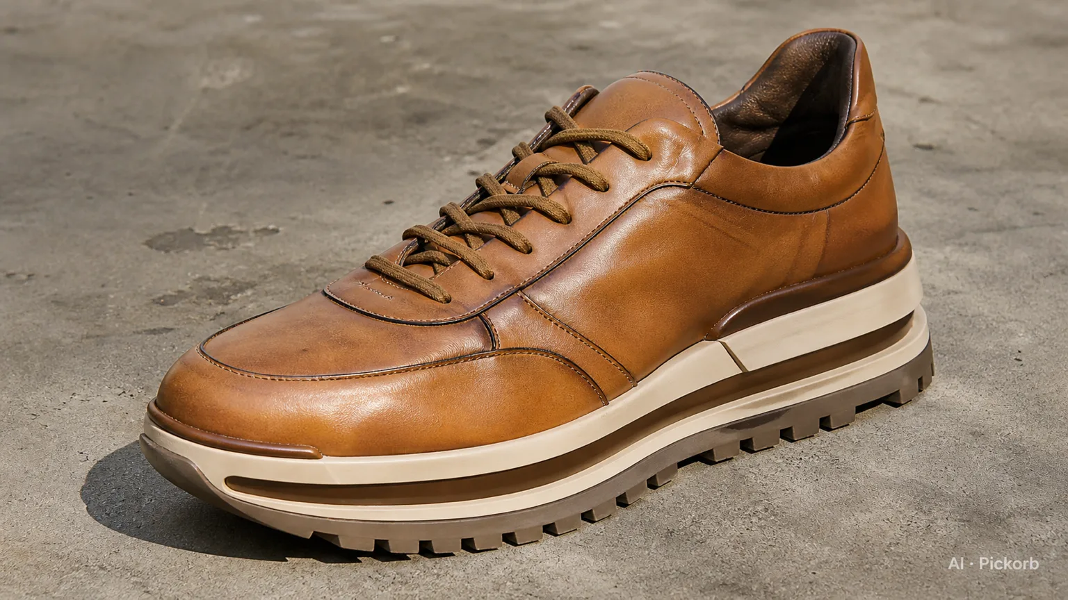 Premiata Italian leather sneaker with sculpted sole unit and tonal leather upper, shot at ground level on cobblestone (AI generated illustration)