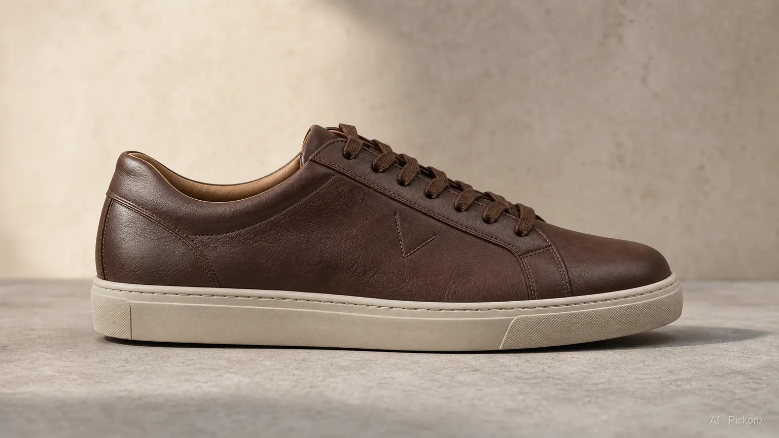 Veja V-10 leather sneaker with V logo on lateral side, natural light on wooden floor, Amazonian rubber sole visible at sole edge (AI generated illustration)