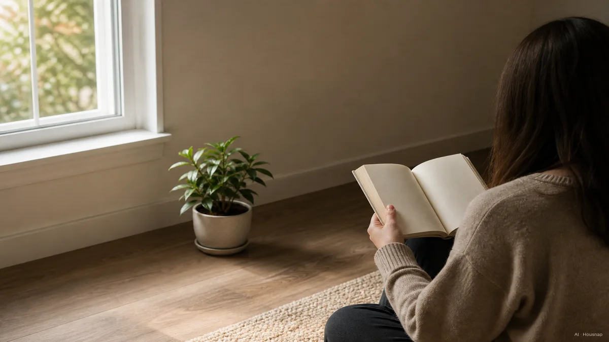 Image: A calm interior scene showing a single window with light fading across a room, a small potted plant placed a few feet back where the light is softer, a person holding an open book in that spot to test readability, warm and instructional tone — AI illustration