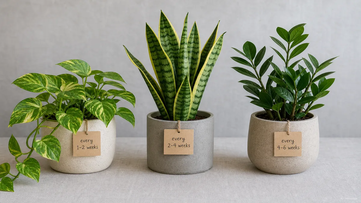 Image: Three potted plants lined up side by side on a neutral surface, a trailing pothos, an upright snake plant, and a compact ZZ plant, each with a small label noting its watering interval, clean and comparative style, no brand marks — AI illustration