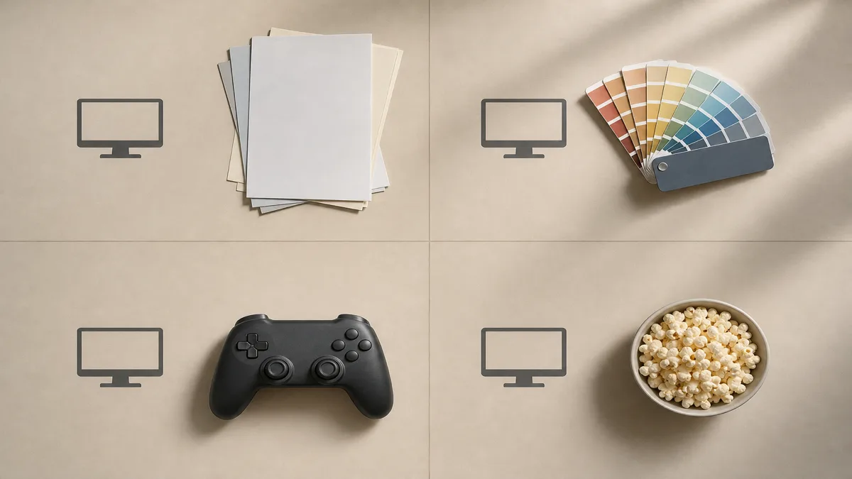 Image: オフィス、クリエイティブ、ゲーム、映画の4ゾーンに分かれた俯瞰デスク、各ゾーンにモニターアイコン — AIイラスト