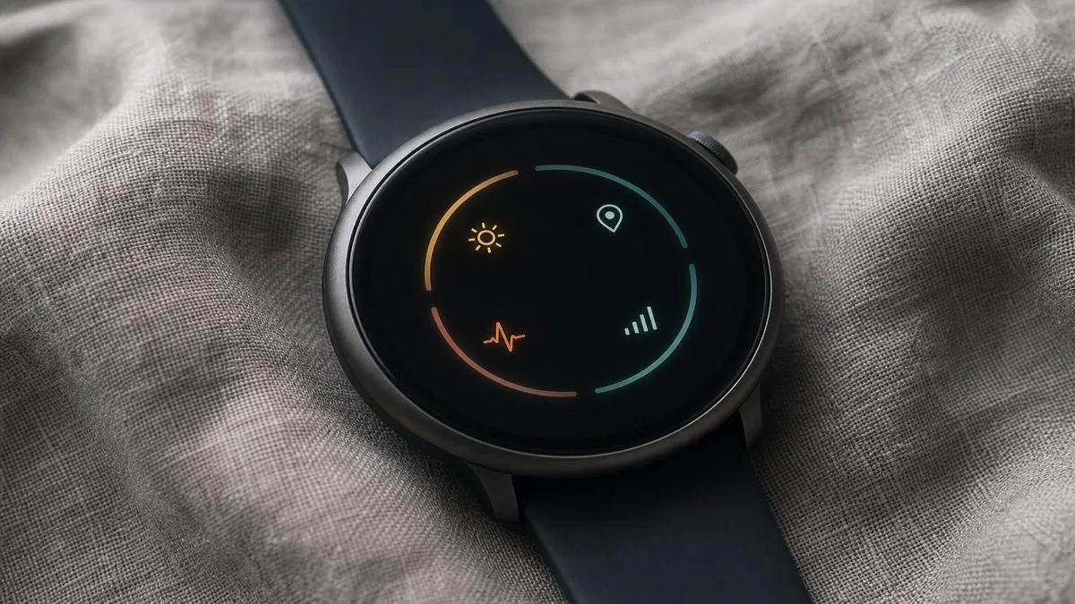 Image: a smartwatch face with small labeled gauges showing relative battery drain from always-on display, GPS, heart rate and SpO2, sleep tracking, and LTE — AI illustration