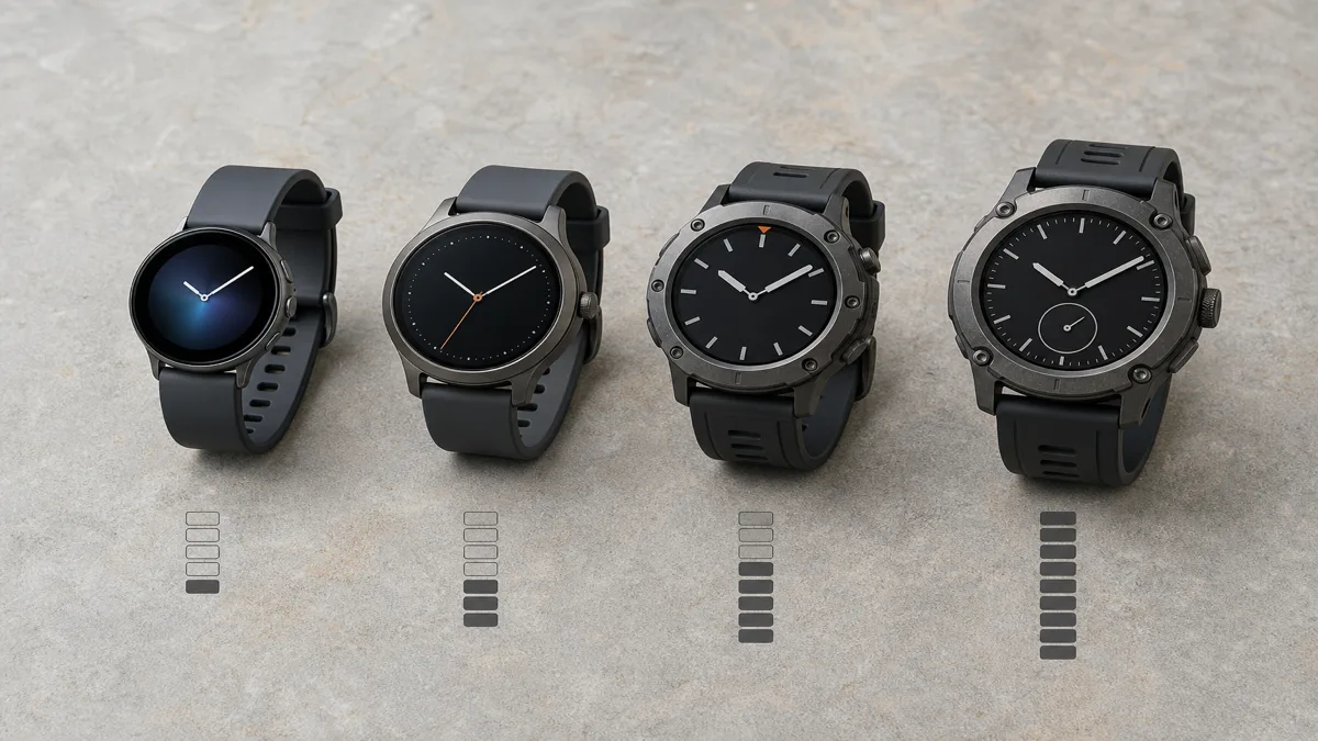 Image: four smartwatches lined up left to right with battery bars of increasing length, from a short Apple Watch to a long-lasting Garmin and a hybrid analogue-style watch at the end — AI illustration