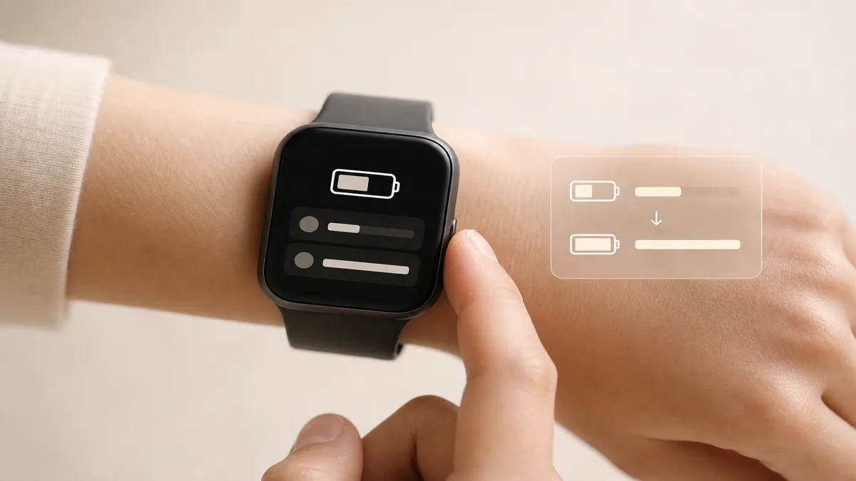 Image: a hand adjusting a settings screen on a smartwatch, with a small before-and-after battery indicator showing a longer remaining bar after the change — AI illustration