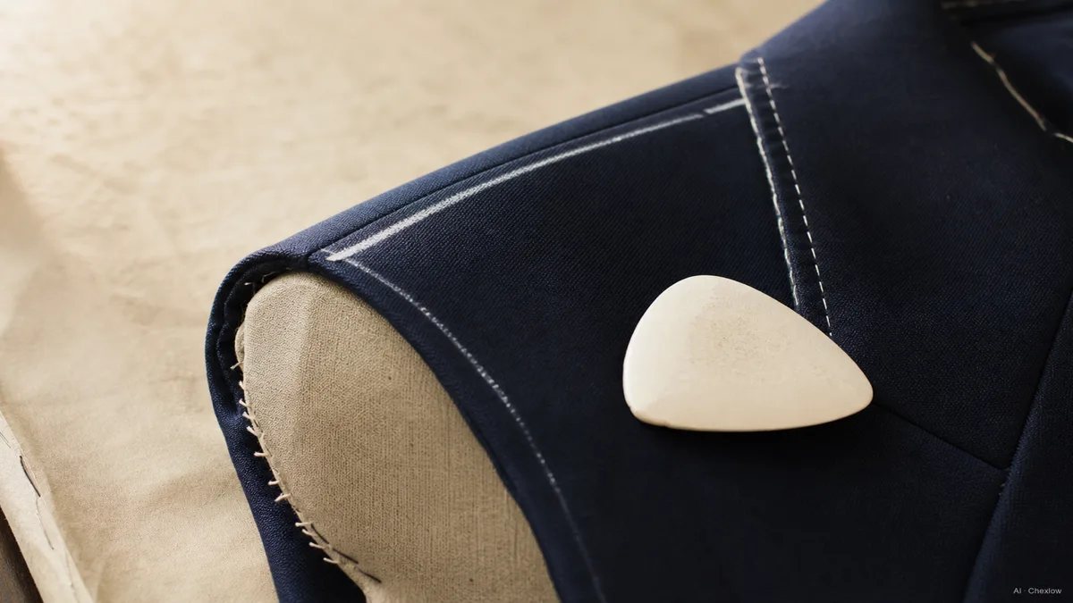 Image: a tailor's chalk marking the shoulder seam line on a navy suit jacket, close detail of the seam meeting the shoulder edge