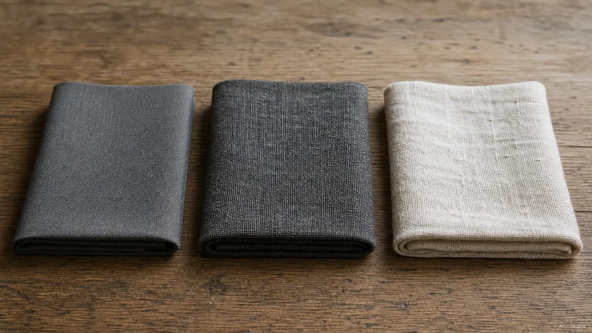 Image: three folded fabric swatches side by side on a wooden surface, smooth worsted wool, textured cotton, and slubby linen, labeled by feel