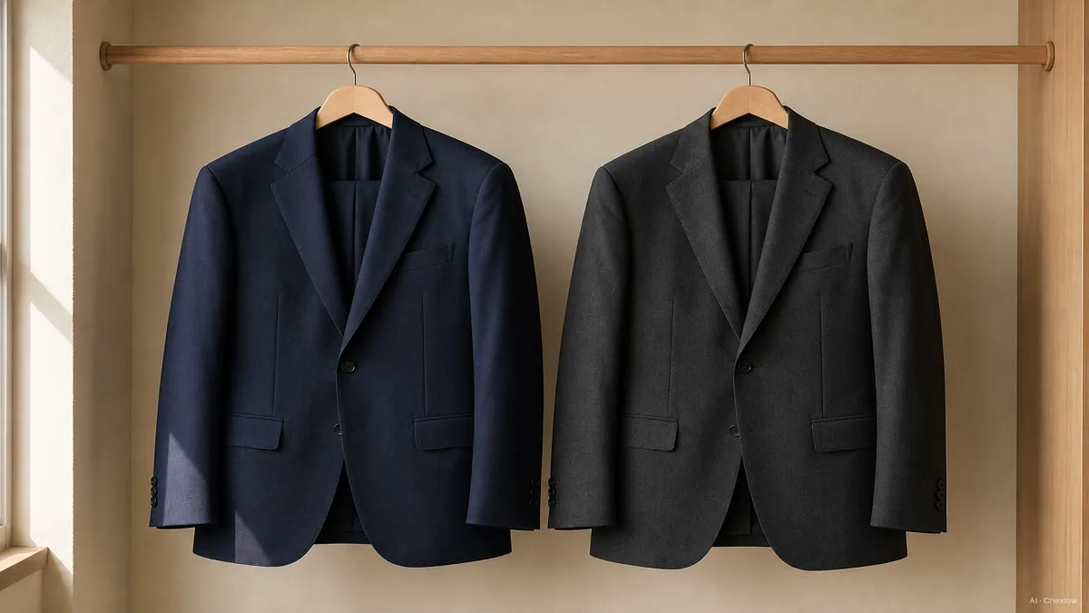 Image: a navy suit and a charcoal suit hung side by side on a rail, daylight from a window showing the true difference in tone