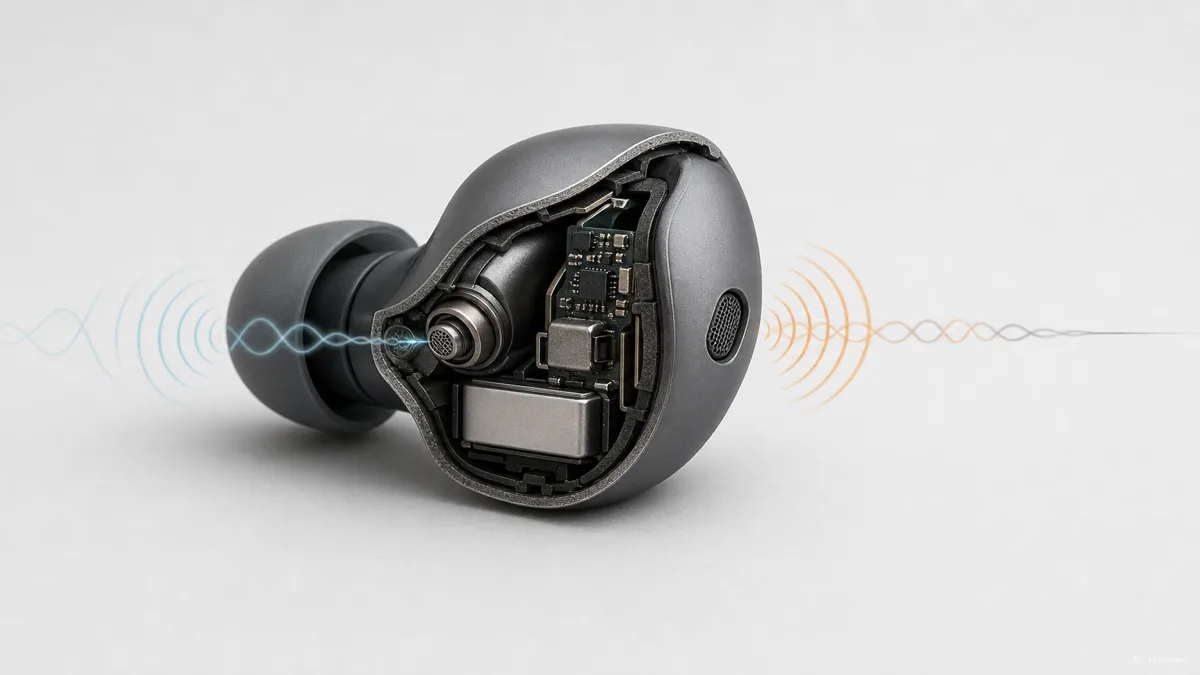 Image: cutaway diagram of an earbud showing external and internal microphones with sound waves cancelling out — AI illustration