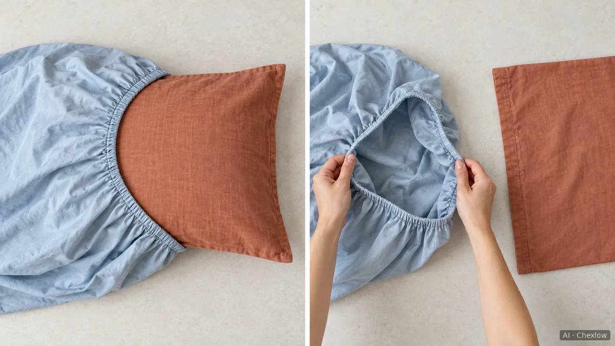 Two views of a fitted sheet: a pillowcase caught inside an elasticated corner, then hands opening the corner with the pillowcase set apart