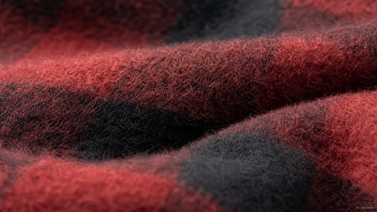 Image: an extreme close-up of napped flannel fabric in a red and black plaid, the raised fuzzy fiber ends visible catching soft daylight, the weave barely visible beneath the nap